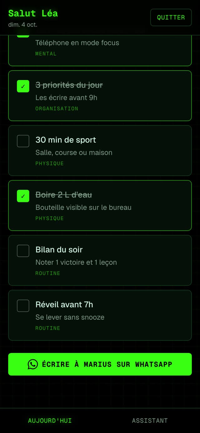 Application de suivi construite pour Marius : les tâches du jour d'un élève